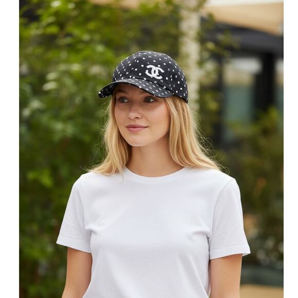 Chanel Black Polka Dot Interlocking CC Baseball Cap One size